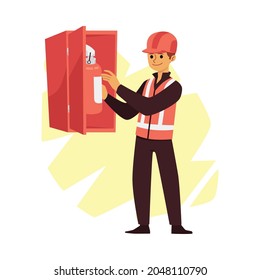 Fireman in uniform and helmet hold fire extinguisher. Firefighter equipment for safety in fire emergency. Flat cartoon vector illustration isolated on a white background.