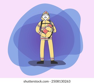 Fireman in uniform holding extinguisher flat vector illustration. Male professional character. Occupation, job and work concept.