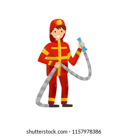 Fireman in uniform with hose, firefighter character at work vector Illustration on a white background