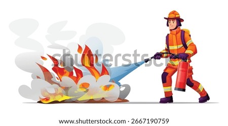 Fireman uses a fire extinguisher to put out a fire, creating smoke and steam as the flames diminish. Vector cartoon character illustration