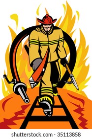 Fireman walking out from burning fire  with ax , spear hook and fire hose.