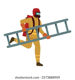 Fireman wearing a gas mask and carrying a ladder while running