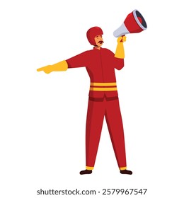 Fireman wearing a helmet and protective gear holding a megaphone and pointing with his finger