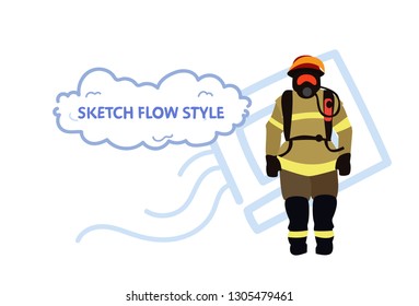 fireman wearing protective uniform and helmet man fire fighter professional worker occupation male cartoon character full length sketch flow style horizontal