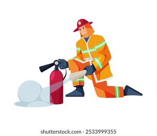 Fireman wearing protective uniform holding extinguisher to cope with fire. Vector flat cartoon character, isolated firefighter dealing with emergency, saving people lives and property from burning