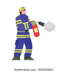 Fireman wearing special uniform fighting fire using extinguisher. Rescueing people with equipment, flat cartoon vector illustration isolated white background