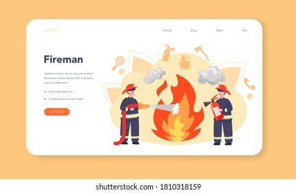 Fireman web banner or landing page. Professional fire brigade firhting with flame. Character wearing a helmet and uniform holding a hydrant hose. Isolated flat vector illustration