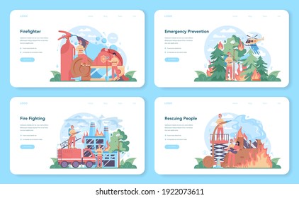 Fireman web banner or landing page set. Professional fire brigade firhting with flame. Character wearing a helmet and uniform rescuing people from burning building. Isolated flat vector illustration