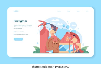 Fireman web banner or landing page. Professional fire brigade firhting