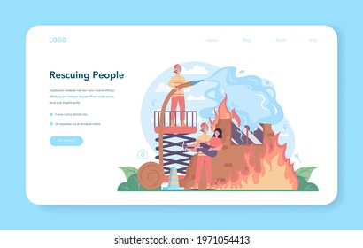 Fireman web banner or landing page. Professional fire brigade firhting with flame. Character wearing a helmet and uniform rescuing people from burning building. Isolated flat vector illustration