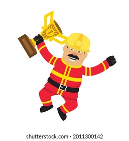 Fireman Winning Trophy Flat Vector Cartoon Illustration 