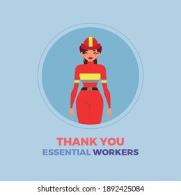 Fireman Woman Blue Thanks Essential Workers Logo - Vector