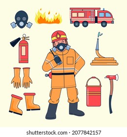 Fireman and work equipment such as fire suit, gas, mask, fire, water tank, fire truck, fire extinguisher, firehose, nozzle, axe, gloves, boots, water, radio