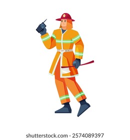 Fireman at work, isolated brave firefighter holding ax in hand, connecting with people by walkie talkie. Vector flat cartoon character, saving lives and dealing with emergency and urgency