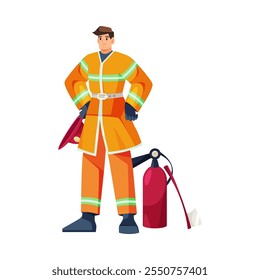 Bombero en el trabajo, personaje masculino aislado con traje protector y botas de pie junto al extintor. Vector personaje de dibujos animados planos, apagando el fuego y las llamas, salvando a la gente y haciendo frente a la emergencia