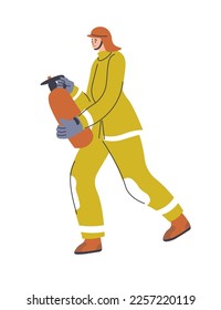 Fireman at work wearing protective suit and helmet, carrying fire extinguisher. Isolated firefighter in costume caring and protecting people, putting out flames and danger. Vector in flat style