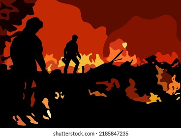 Fireman's fight with fire in forest, man extinguish burning wildfire at night wood with raging flames. wild nature catastrophe. Landscape.