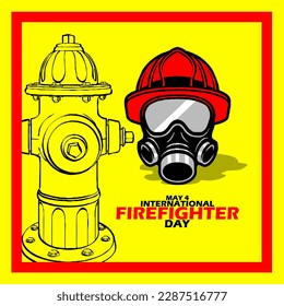 A fireman's helmet and mask with Fire hydrant icon and bold text in frame on yellow background to commemorate International Firefighter Day on May 4