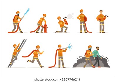 Firemen characters doing their job and saving people set. Firefighter in different situations cartoon vector Illustrations