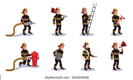 Firemen Characters Set Flat Cartoon Vector Illustration. Firefighter in Different Situations with Rescue Equipment. Firefighting Emergency Concept. Man in Helmet with Extinguisher and Bucket.