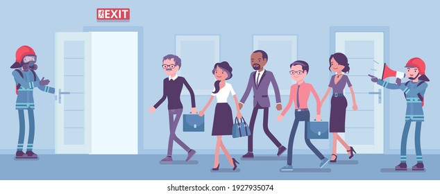 Firemen conducting regular fire and evacuation drills. Building employees, workers leaving office in alert, life-threatening situation, escape training control. Vector creative stylized illustration