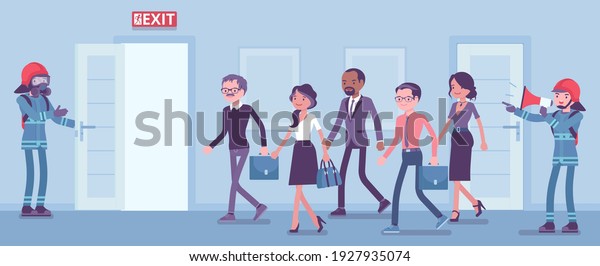 Firemen conducting regular fire and\
evacuation drills. Building employees, workers leaving office in\
alert, life-threatening situation, escape training control. Vector\
creative stylized\
illustration