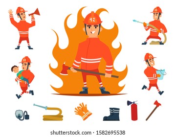 Firemen and equipments. Fireman profession working. Cartoon tools, children and fire, hose and hydrant isolated vector set