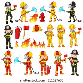 Firemen and equipments set illustration