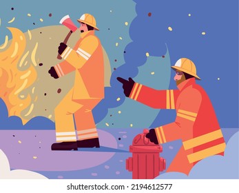 firemen extinguish fire with ax and hydrant