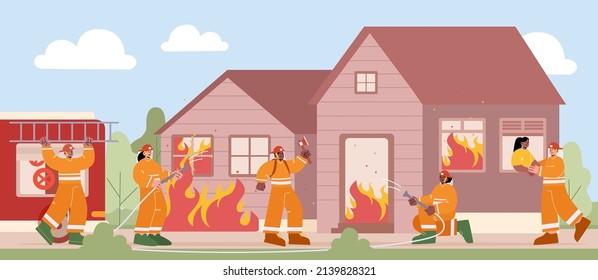 Los bomberos extinguen a la chica de ignición y rescate de la casa en llamas. Ilustración de la caricatura vectorial de la brigada de bomberos apagó la llama en la construcción con agua de manguera