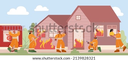 Firemen extinguish ignition and rescue girl from burning house. Vector cartoon illustration of firefighters brigade put out flame in building with hose water