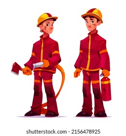 Firemen with extinguisher, water hose and ax. Vector cartoon illustration of two professional firefighters in red safety costume and helmet isolated on white background