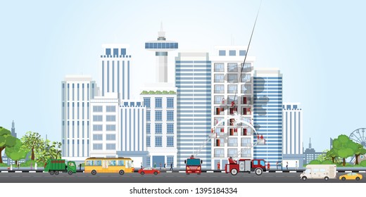 Firemen extinguishing a raging fire, Building on fire with victim on apartment, flames in the windows and thick smoke with sparks, vector illustration.