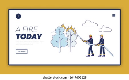 Firemen Fighting with Blaze at Burning Trees in Forest Website Landing Page. Firefighters Extinguish with Big Fire Spraying Water from Hose Web Page Banner. Cartoon Flat Vector Illustration, Line Art