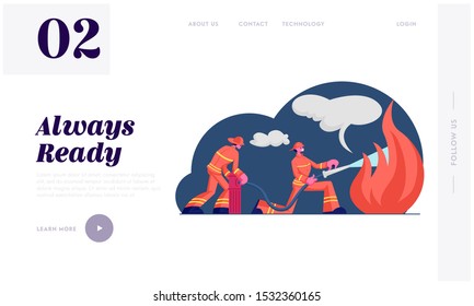 Firemen Fighting with Blaze Website Landing Page. Brave Firefighters Team in Uniform and Hats Extinguish with Big Fire Spraying Water from Hydrant Hose Web Page Banner. Cartoon Vector Illustration