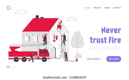 Firemen Fighting with Blaze Website Landing Page. Male Characters in Uniform Spraying Water from Hose Fight with Big Fire at Burning House Web Page Banner. Cartoon Flat Vector Illustration, Line Art