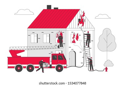 Firemen Fighting with Blaze Working as Team to Fight with Big Fire at Burning House, Male Characters in Uniform Spraying Water from Fire Fighter Truck Hose. Cartoon Flat Vector Illustration, Line Art