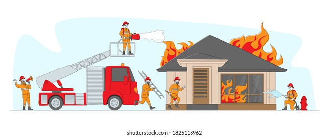 Firemen Fighting with Blaze Working as Team Fight with Big Fire at Burning House, Male Characters in Uniform Spraying Water from Fire Fighter Truck Hose and Hydrant. Linear People Vector Illustration