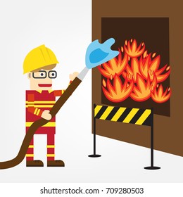 Firemen fighting a raging fire with huge flames of burning timber