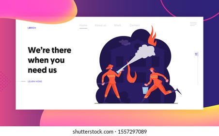 Firemen Group Fighting with Blaze at Burning House Website Landing Page. Brave Firefighters Team Extinguish with Big Fire Spraying Water from Hose. Web Page Banner. Cartoon Flat Vector Illustration