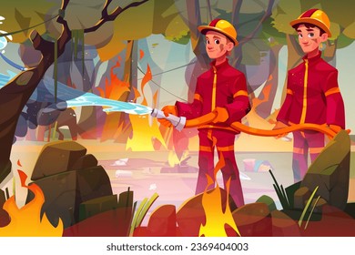 Firemen with hose extinguishing fire in forest. Vector cartoon illustration of two male characters in uniform pouring water at wildfire caused by camp bonfire and garbage left on glade, smoke in air