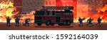 firemen near fire truck getting ready to extinguishing fire firefighters in uniform and helmet firefighting emergency service concept burning building exterior orange flame background horizontal