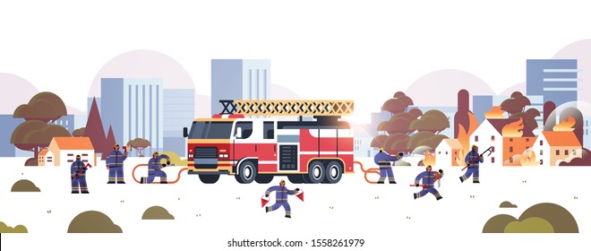 firemen near fire truck getting ready to extinguishing fire firefighters in uniform and helmet firefighting emergency service concept burning houses cityscape background horizontal vector illustration