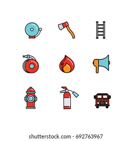 Firemen. Set of vector isolated line filled icons. Pixel Perfect. For web design and presentations, site 