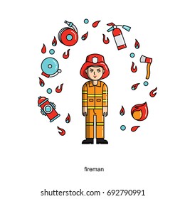 Firemen. Set of vector isolated line filled icons. Pixel Perfect. For web design and presentations, site 