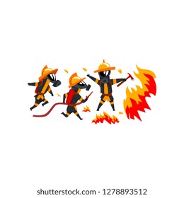Firemen spraying water on fire, firefighter characters in uniform vector Illustration on a white background