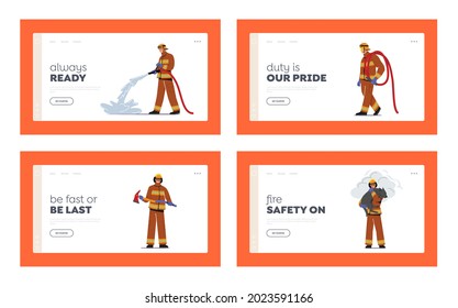 Firemen Team Fighting with Blaze Landing Page Template Set Fire Fighters Male Characters in Uniform Holding Buckets, Save Dog and Axe, Spraying Water from Hose. Cartoon People Vector Illustration