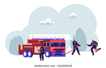 Firemen Team Near Fire Fighter Truck Holding Axe In Hands Spraying Water From Hose, Bringing Water In Bucket Ready To Fight With Blaze. Firefighter Profession, Job. Cartoon Flat Vector Illustration