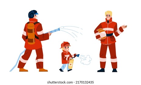 firemen vector. firefighter rescue, emergency fighter, safety equipment, uniform helmet firemen character. people flat cartoon illustration