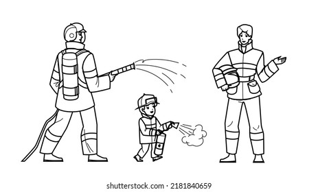 firemen vector. firefighter rescue, emergency fighter, safety equipment, uniform helmet firemen character. people black line pencil drawing vector illustration